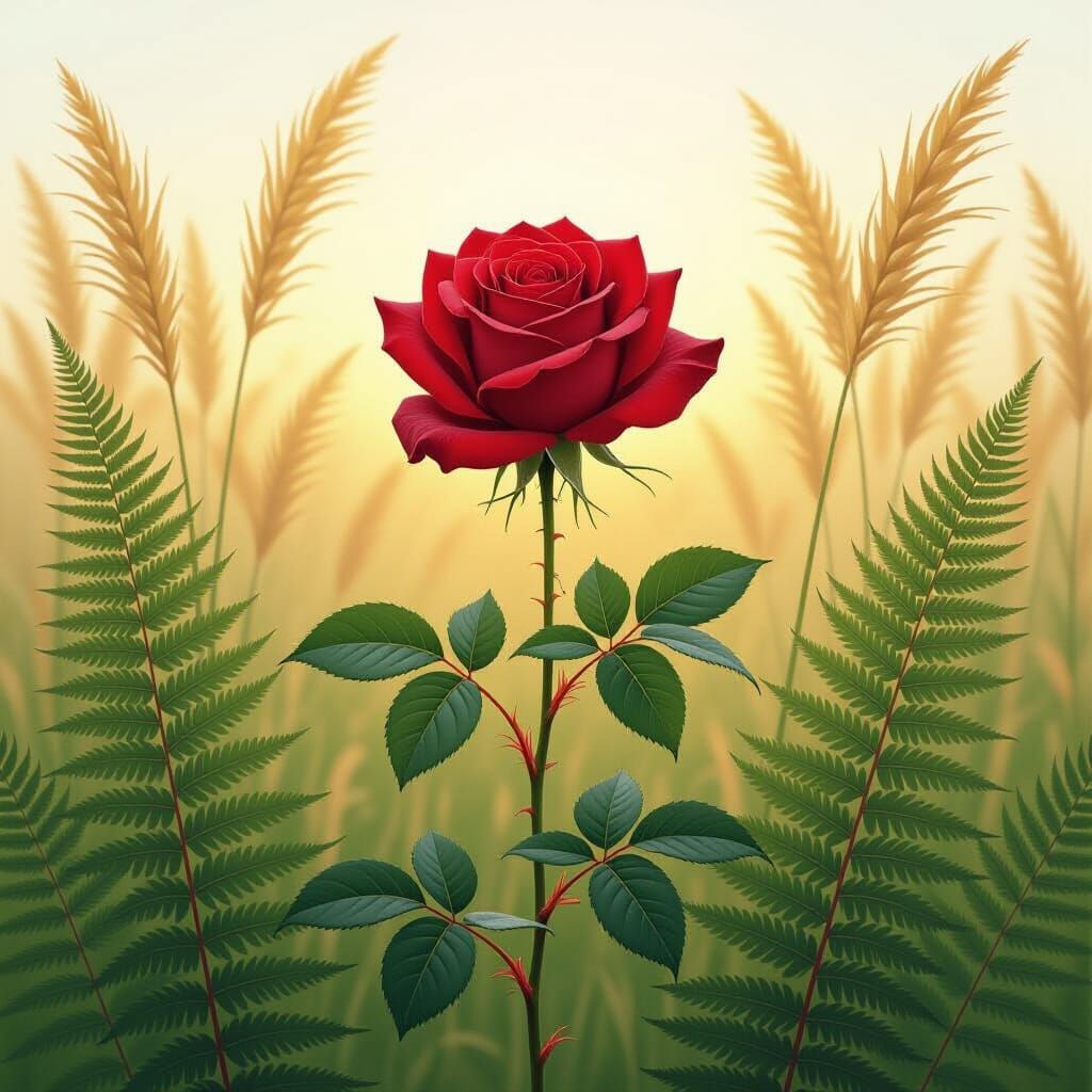 Single Red Rose Amidst Ferns, Dürer Style