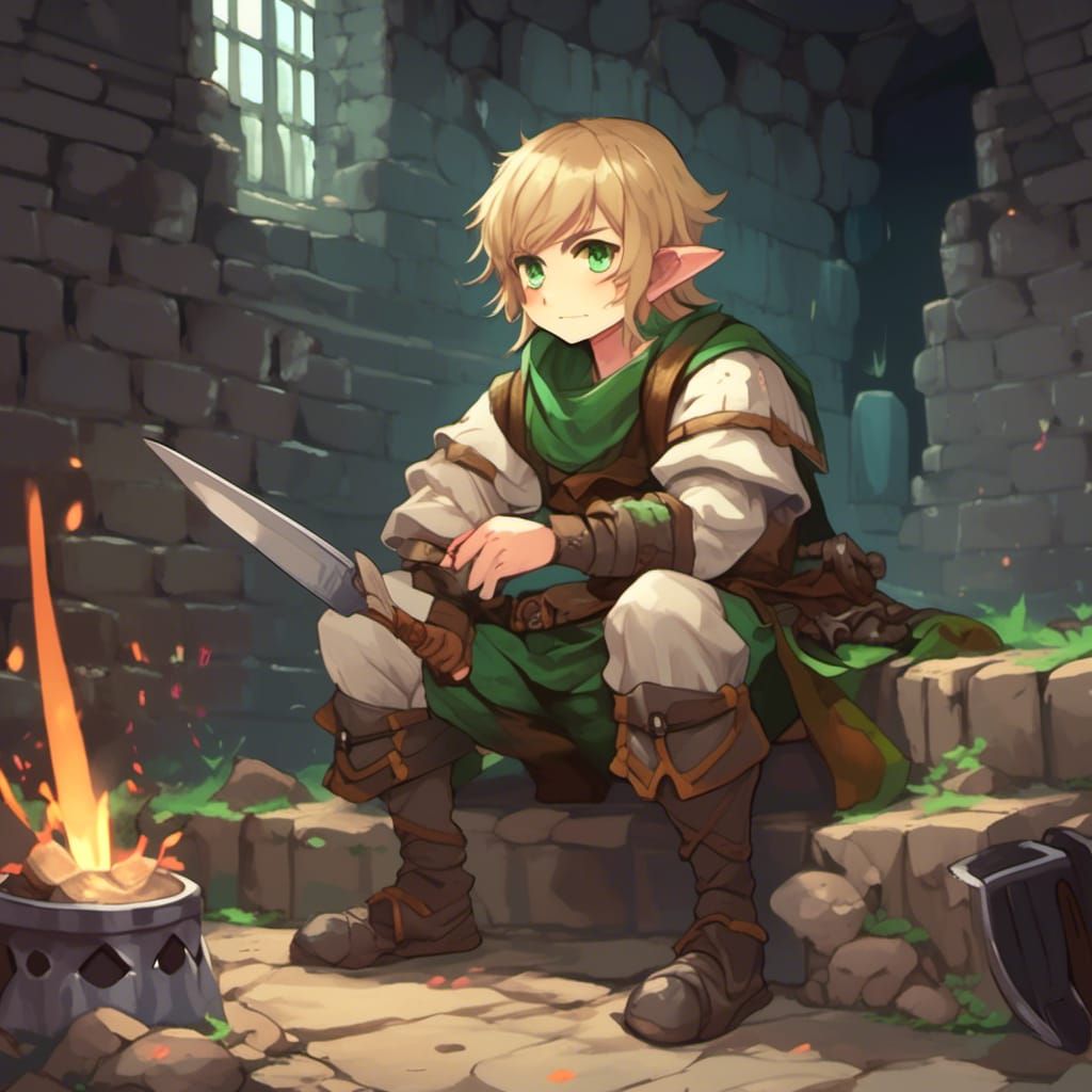 Anime Halfling Warrior in Dungeon with Strainer Helmet