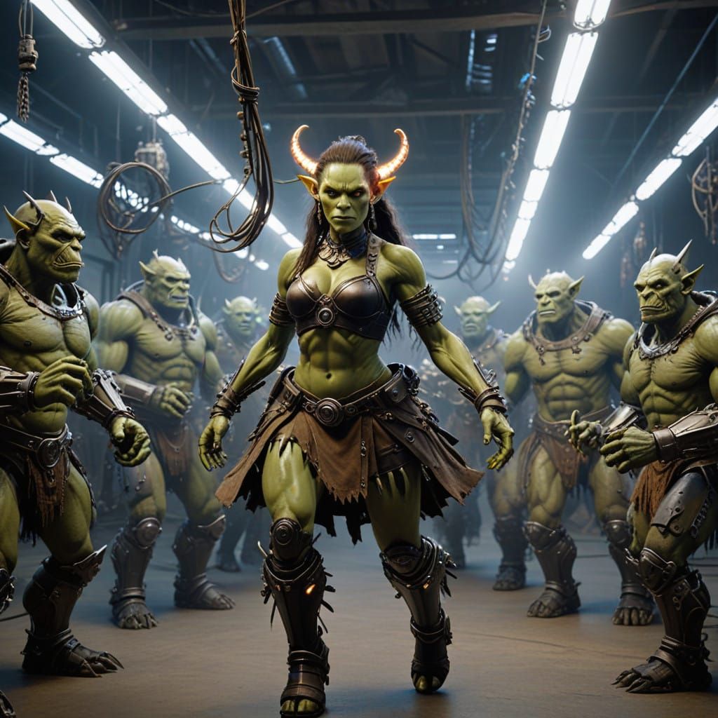 Cybernetic Orc Dancer in a Futuristic Dance Party