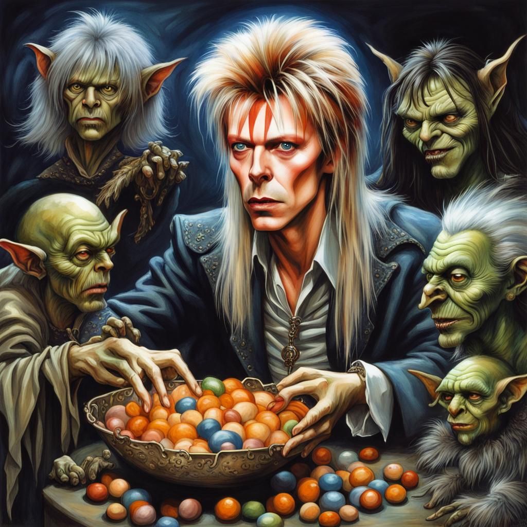 David Bowie as The Goblin King Labyrinth, handing out Halloween Candy to Multiple goblins, Brian Froud Hyperrealistic, s...