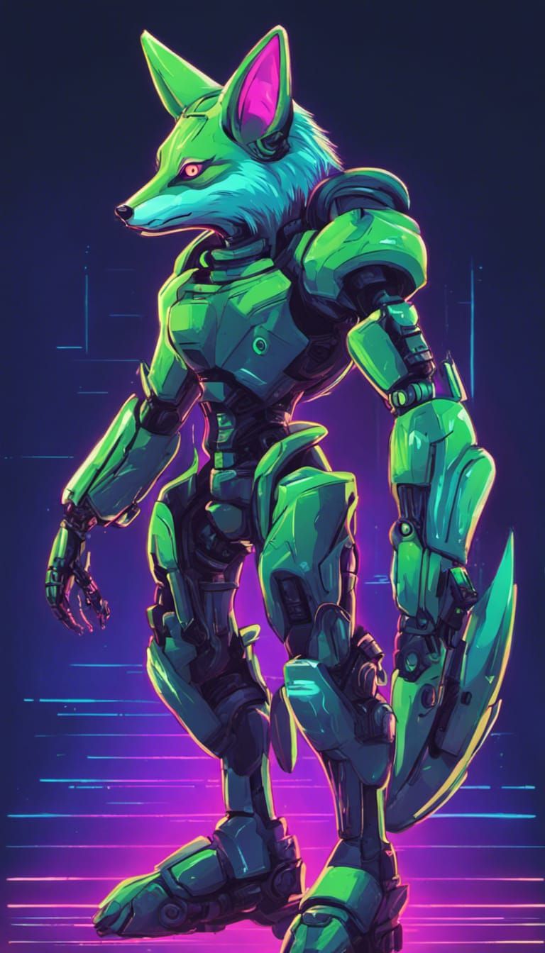 Armored Anthropomorphic Fox in Synthwave Style