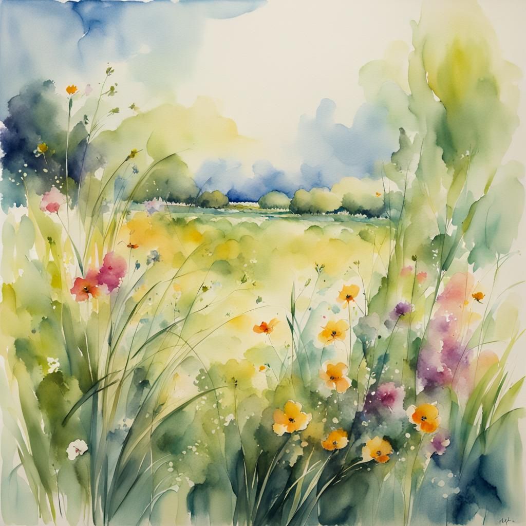 Impressionistic Watercolor Meadow in Early Spring