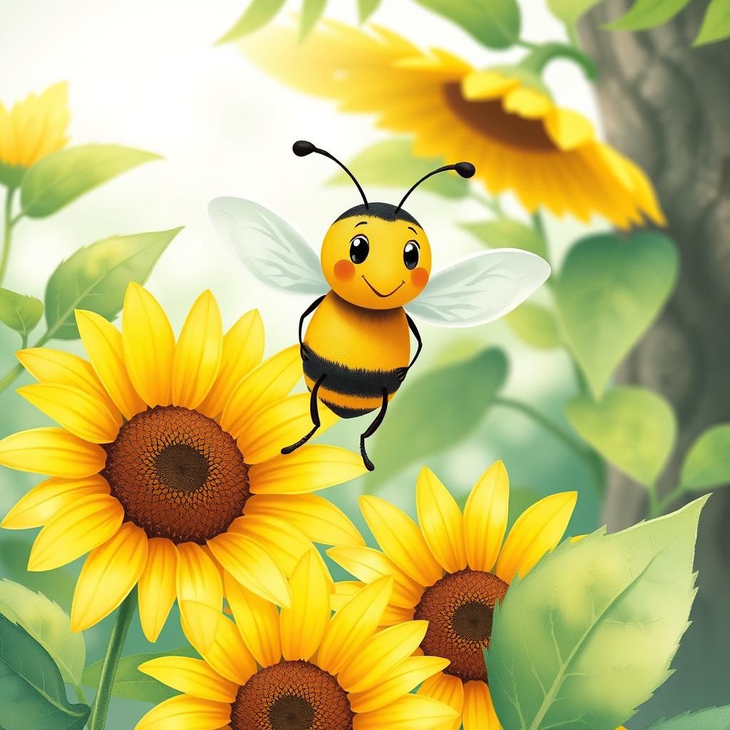 Cartoon Bee on Sunflower in Watercolor Style