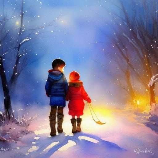 Children in Winter Village: Sarah Kay Style Watercolour