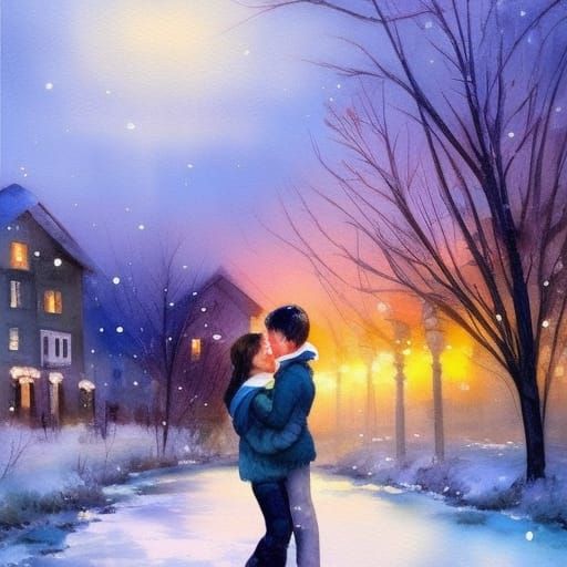 Watercolor Painting of Children in Winter Village