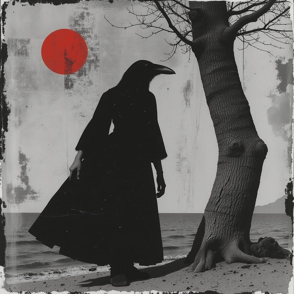 Surreal Raven in Desolate Landscape