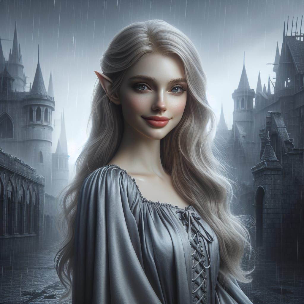 Ethereal Elf Woman in Ruined Cityscape