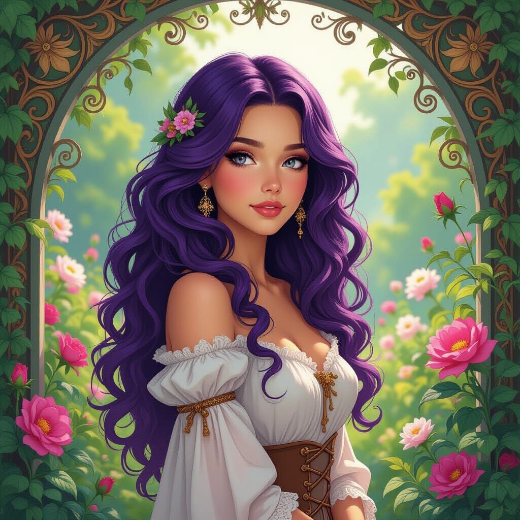 Elegant Violet in Art Nouveau Garden, Mucha Style