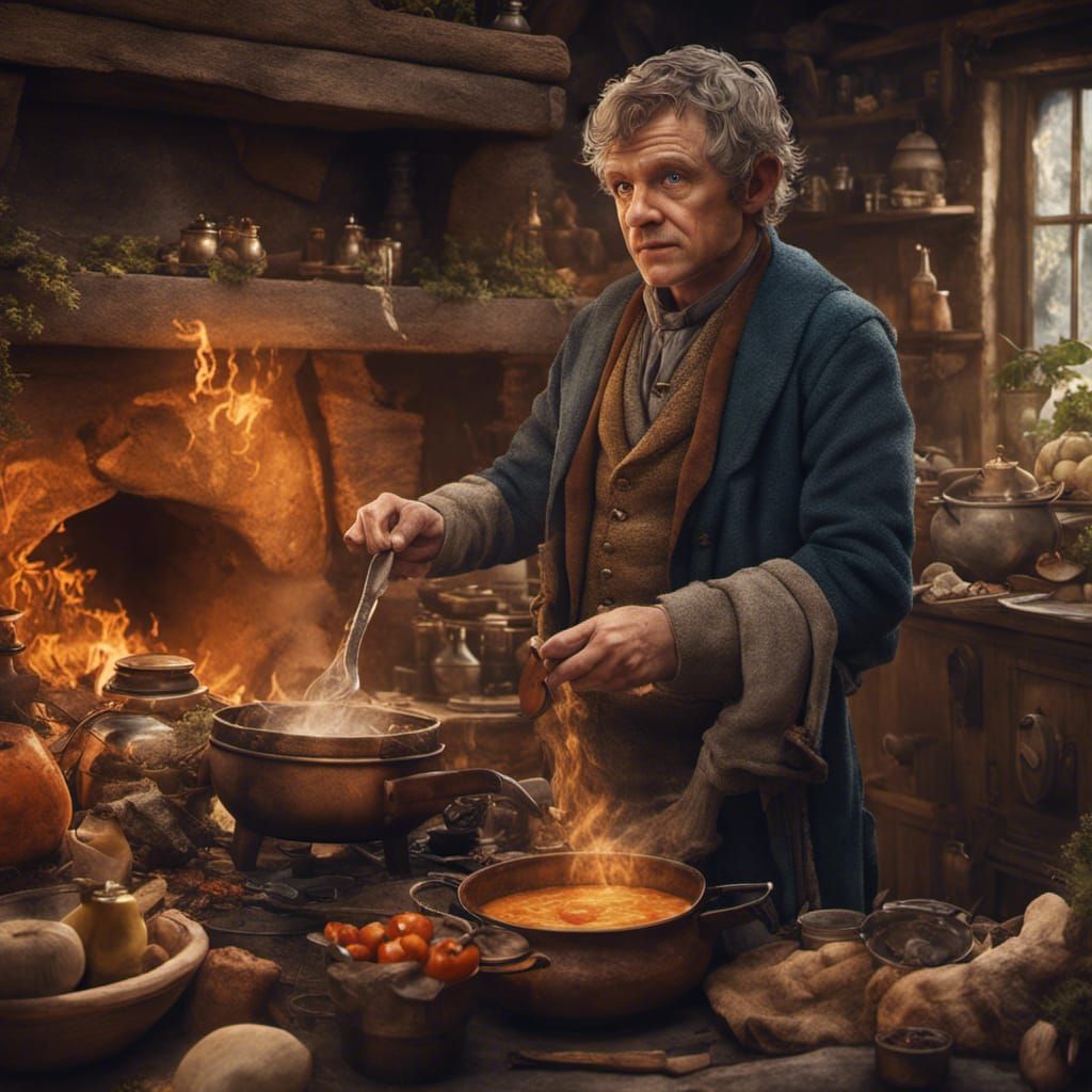Bilbo Baggins Cooks Soup: Detailed Fantasy Art