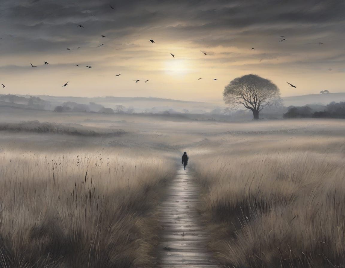 Ethereal Moorland Wanderer Under Grey Skies