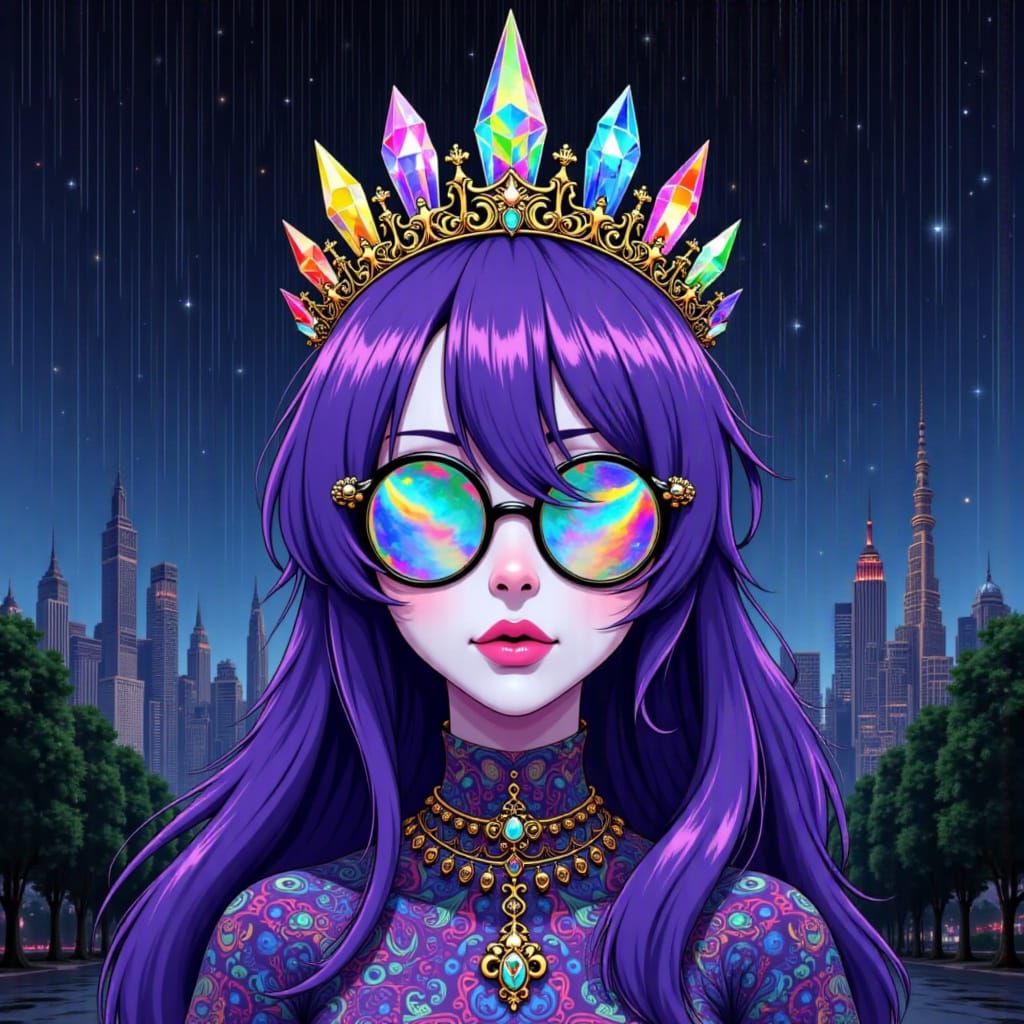 Kawaii Queen of Crystal Realms in Psychedelic Style
