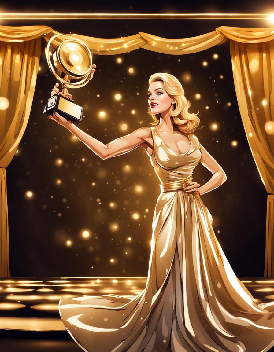 Woman in Fancy Dress Holding Gold Award
