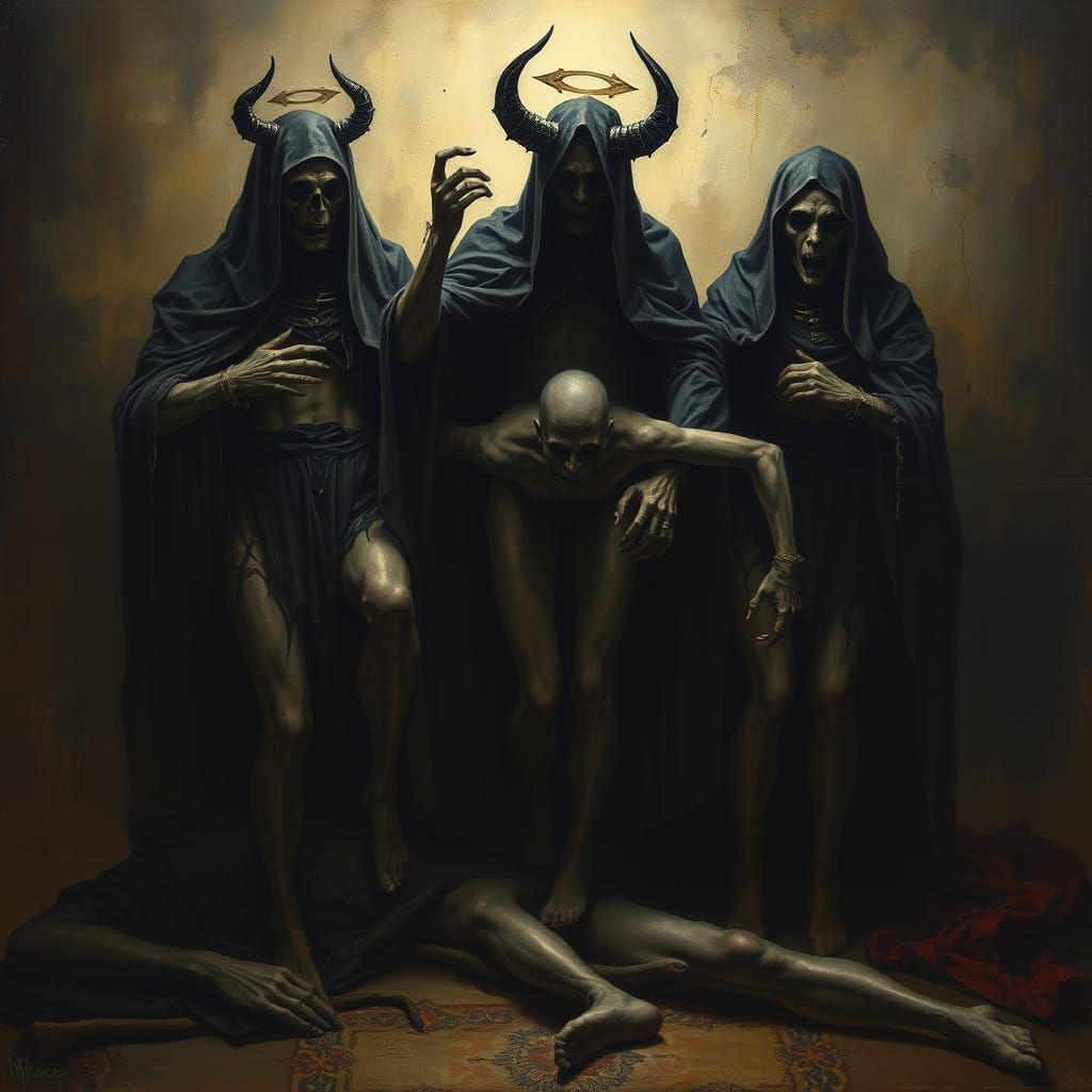 Macabre Allegory Oil Painting with Shadowy Figures