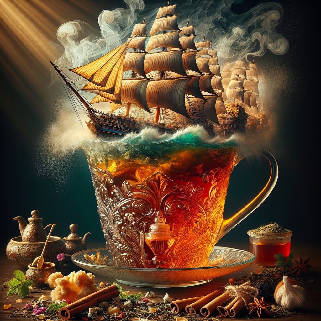 Fantasy Fleets Rise from Steaming Tea Cup in Whimsical Glass...
