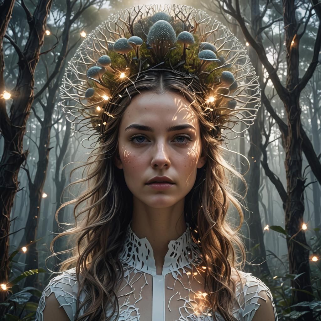 Surreal Girl Portrait with Brainscape in Double Exposure