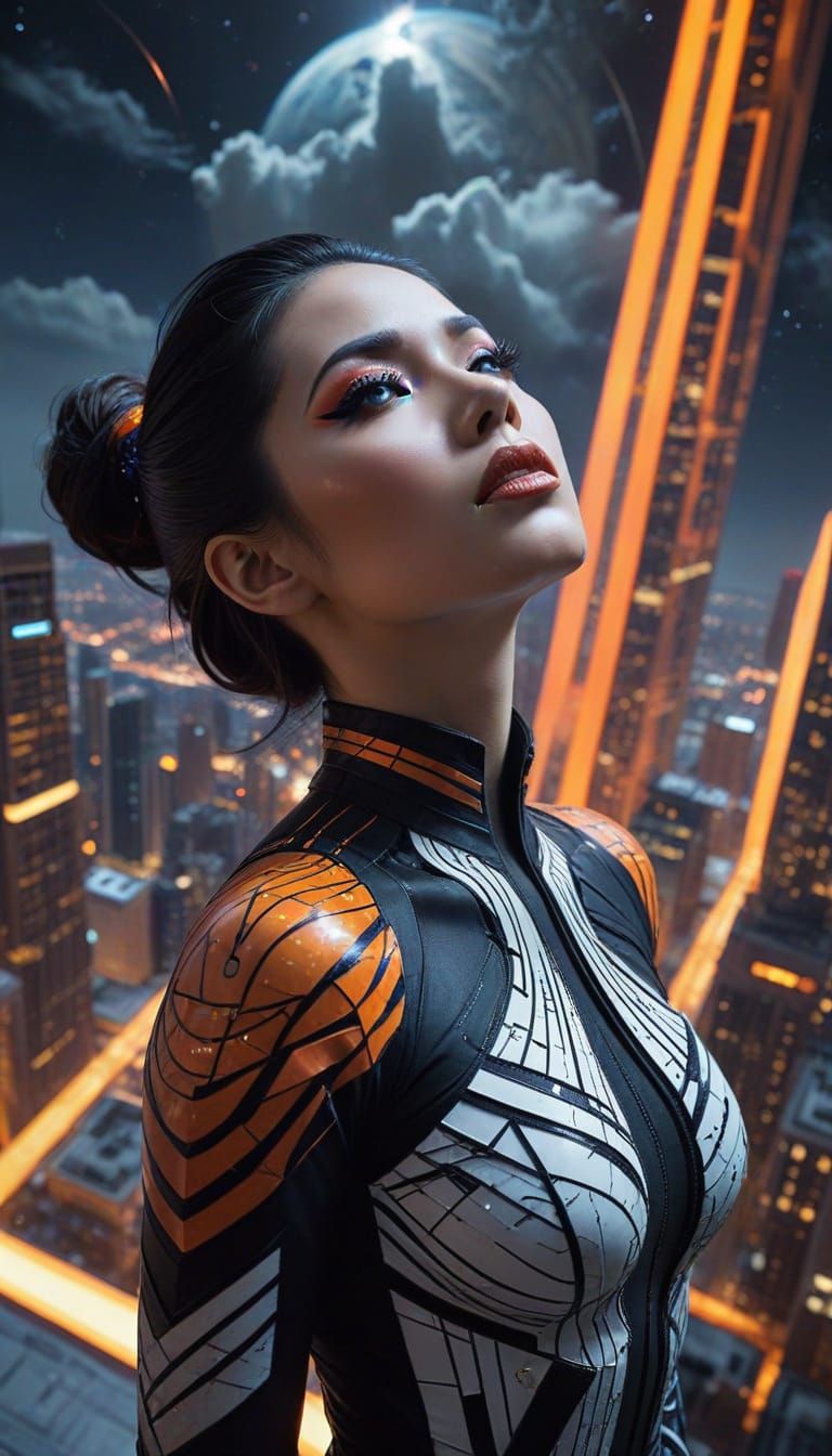 Woman Gazing at Celestial Sphere Above Cityscape