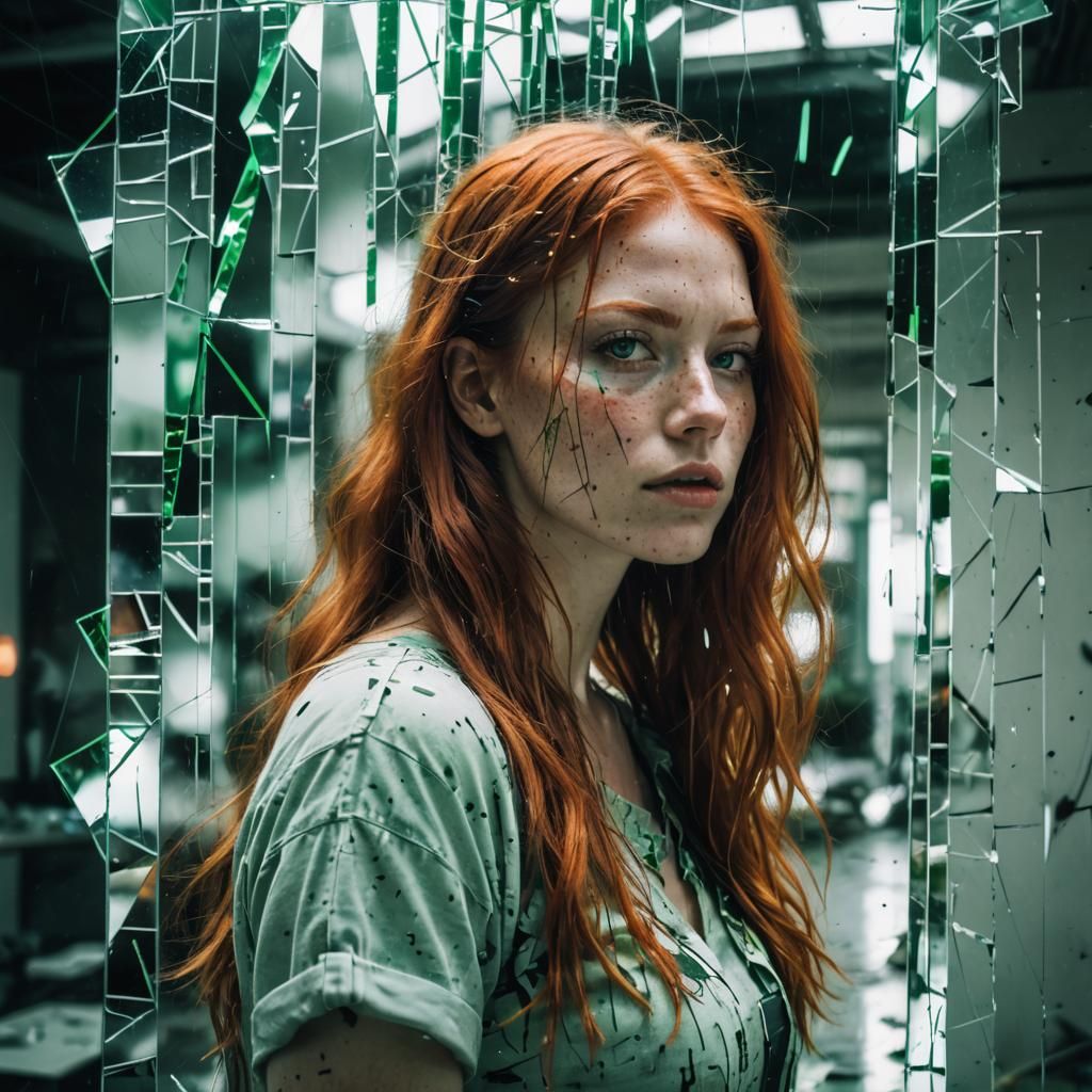 Redhead in Shattered Mirror with Cyberpunk Glitch