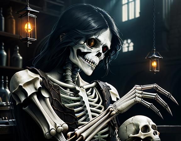 Furry Skeleton Cleans Bones in Dark Fantasy Workshop