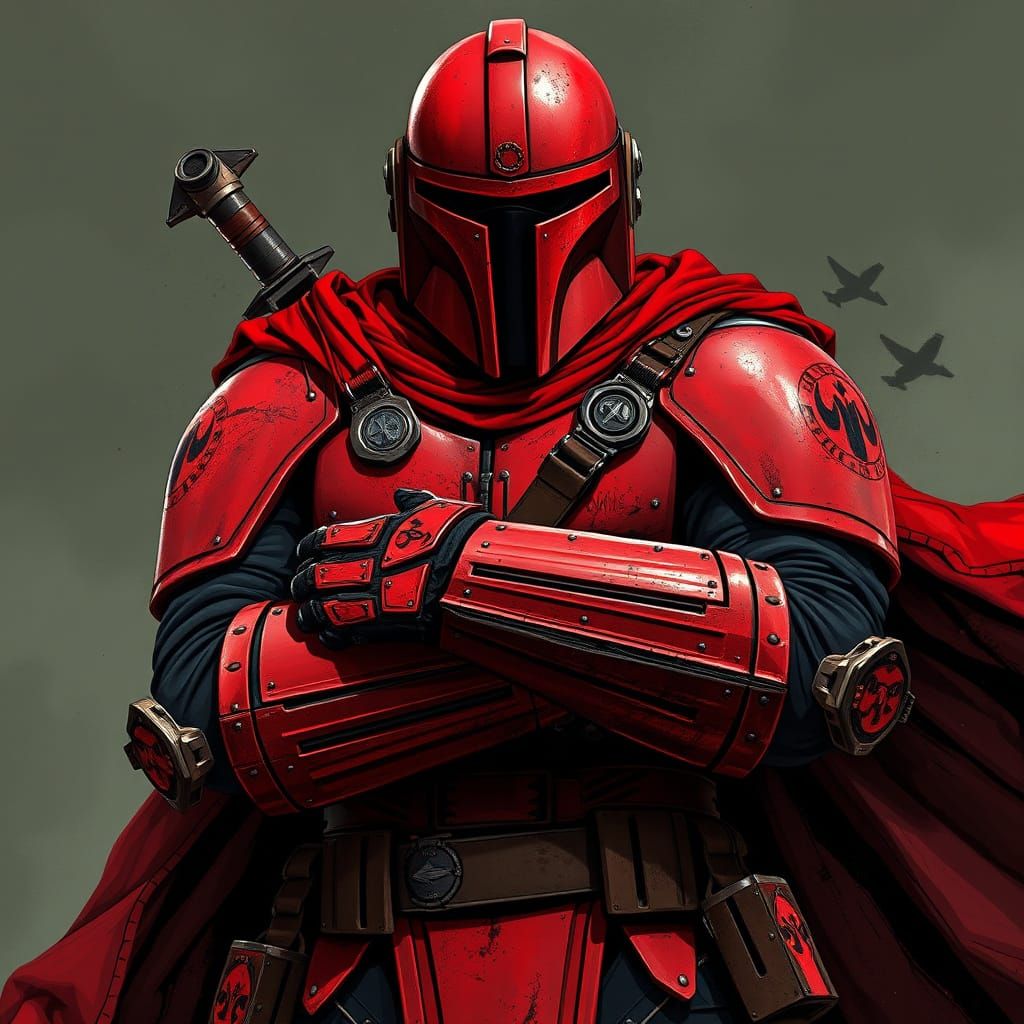 Imposing Beskar Warrior in Dark, Gritty Sci-Fi Armor