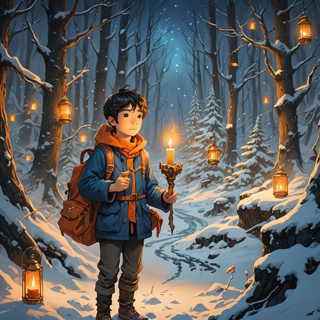 Boy with Candle in Snowy Forest, Fantasy Art
