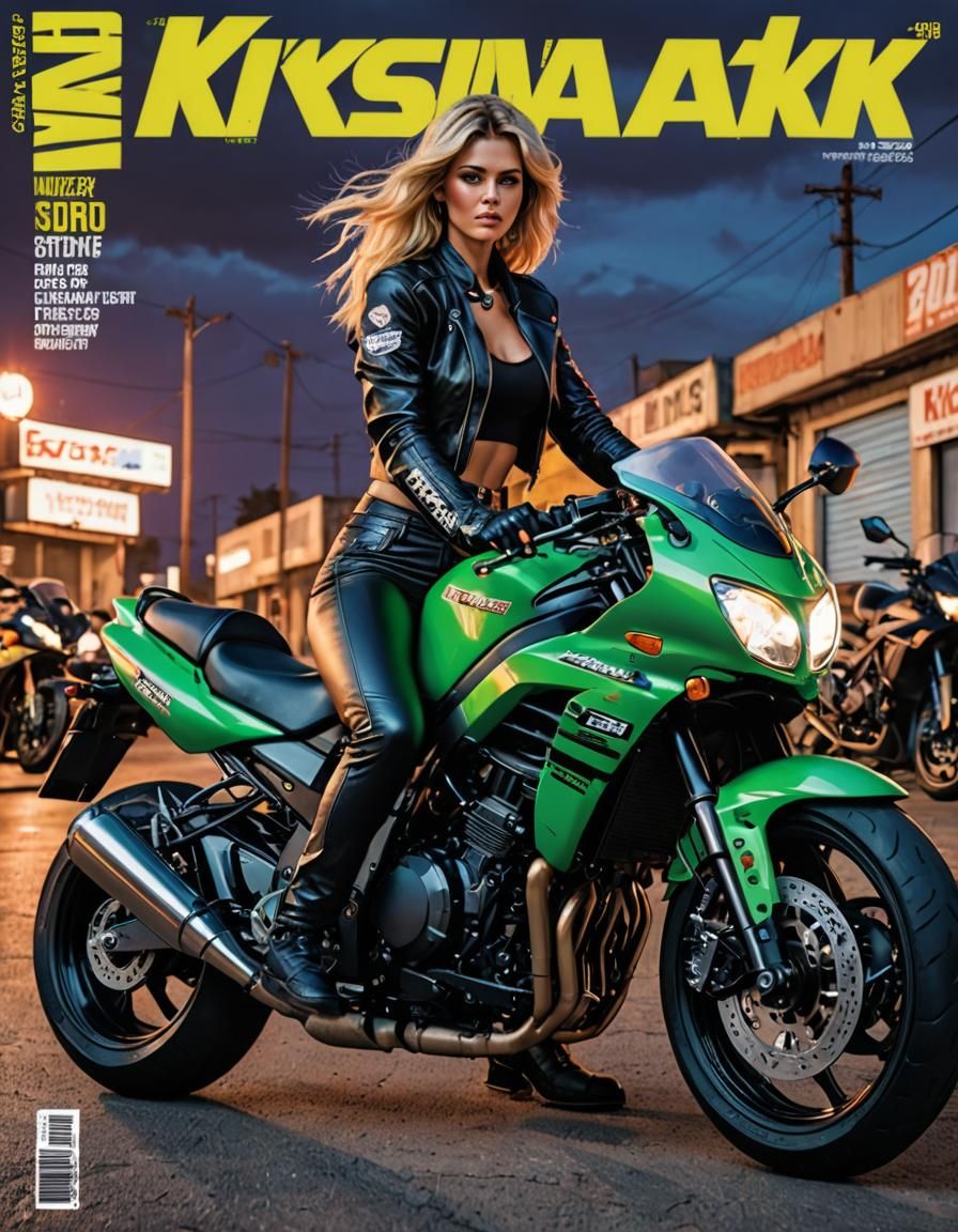 Motorbike Magazine Cover: Girl on Kawasaki in Neon Night