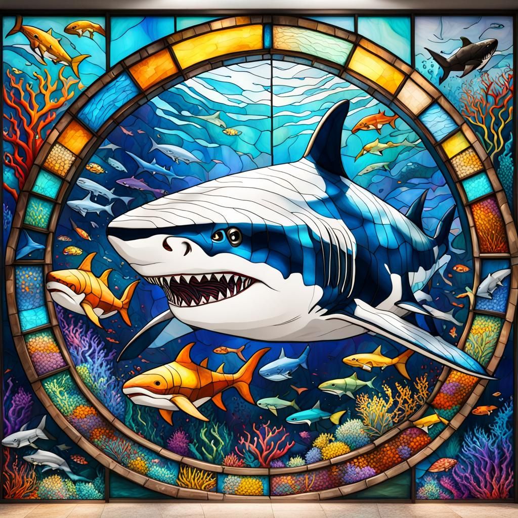 Stained Glass Shark Surrounded by Sea Life
