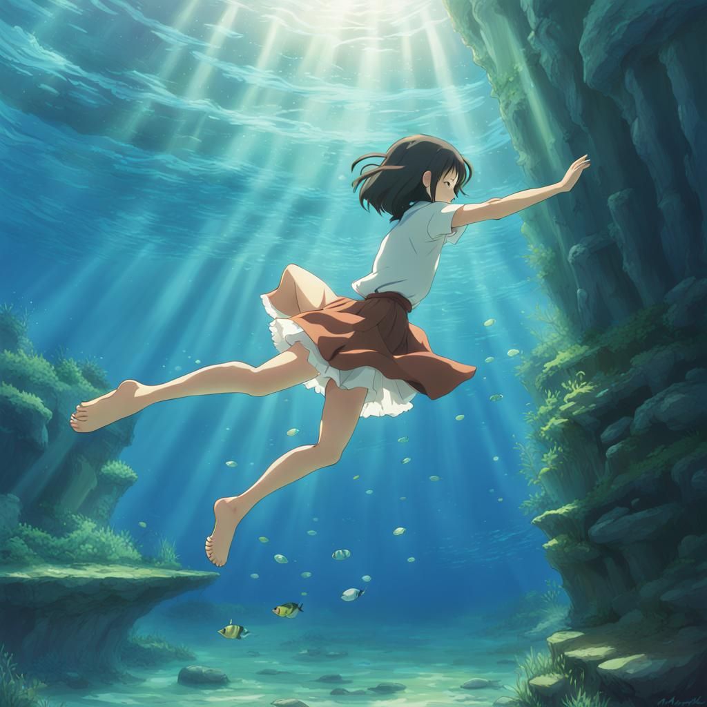 Anime Girl Underwater: Ghibli Style Concept Art