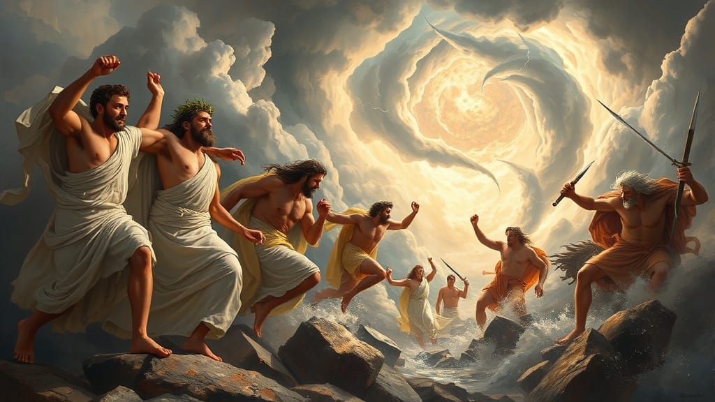 Olympian Gods Clash with Titans in a Stormy Sky