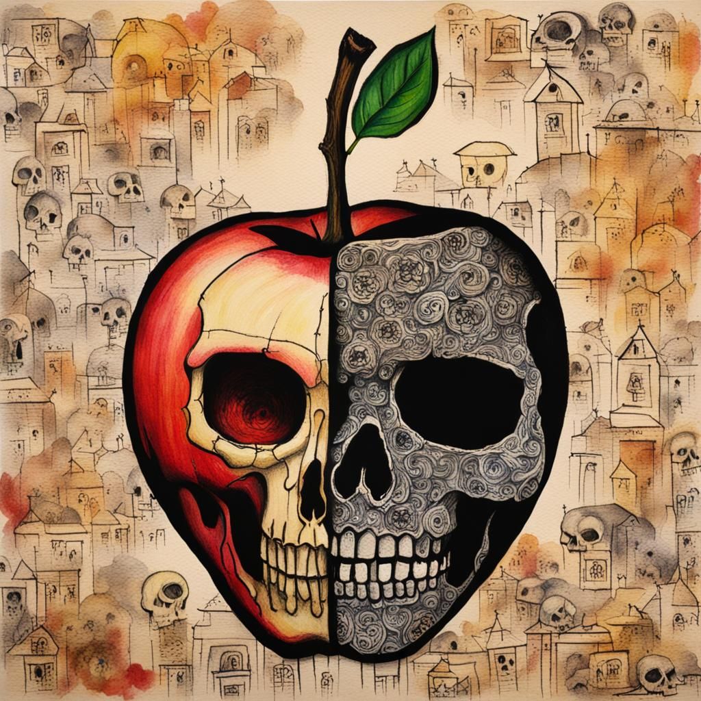 Apple with Skull Falling from Tree: Art Brut Style