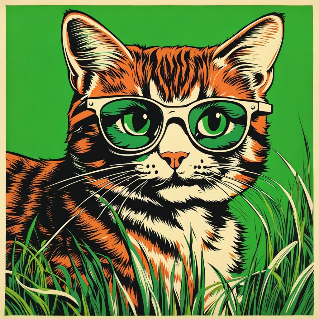 Pop Art Cat in Green Grass with Vintage Glasses