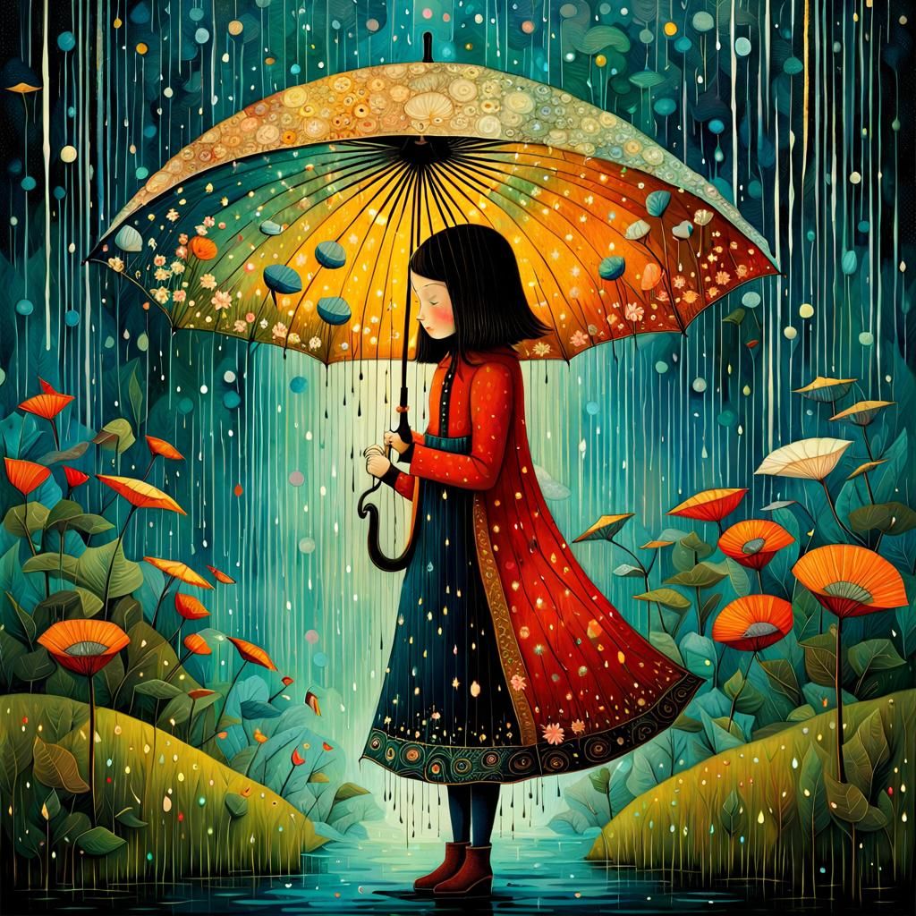 Girl with Umbrella in Rainy, Whimsical Collage