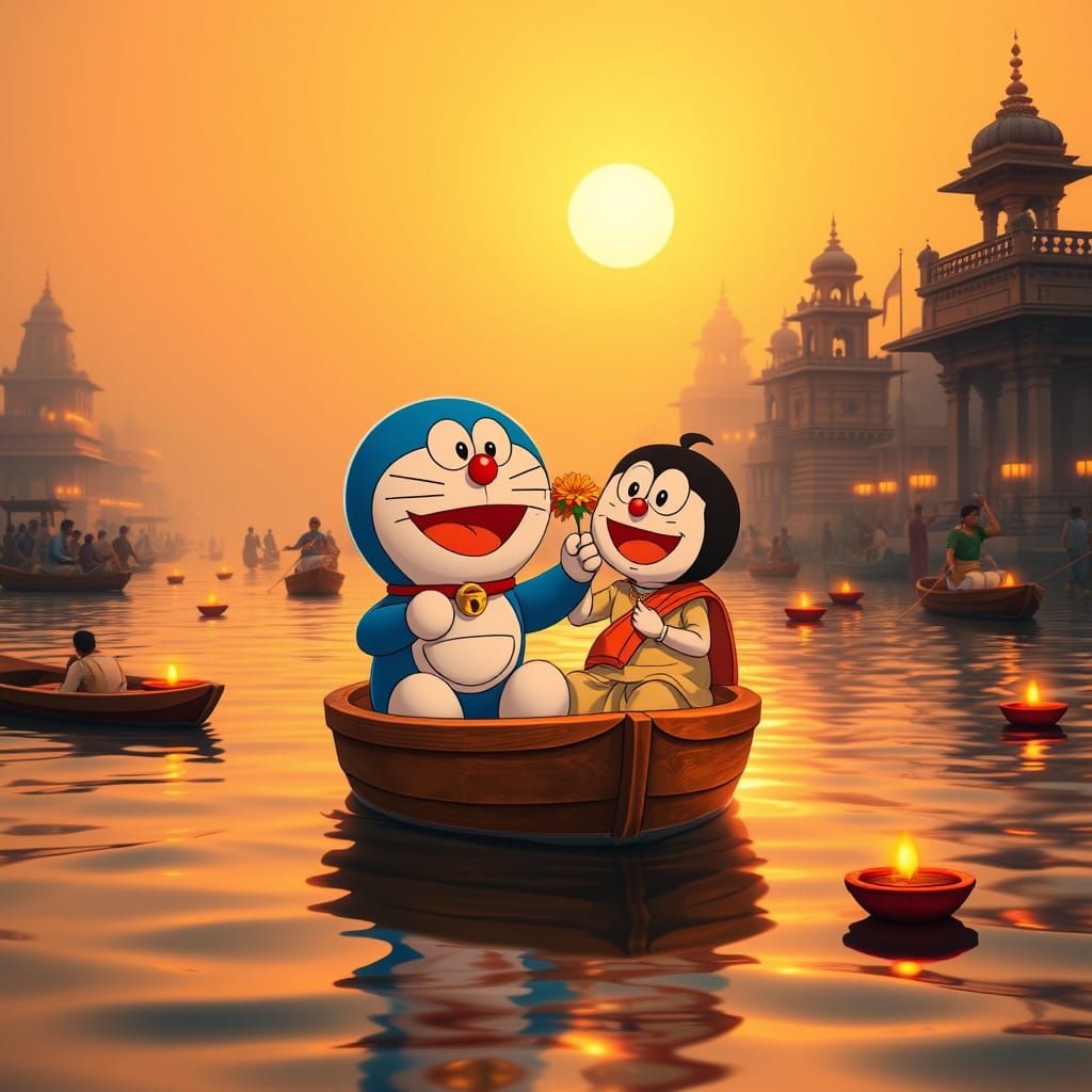 Doraemon and Nobita on Ganges River at Sunrise