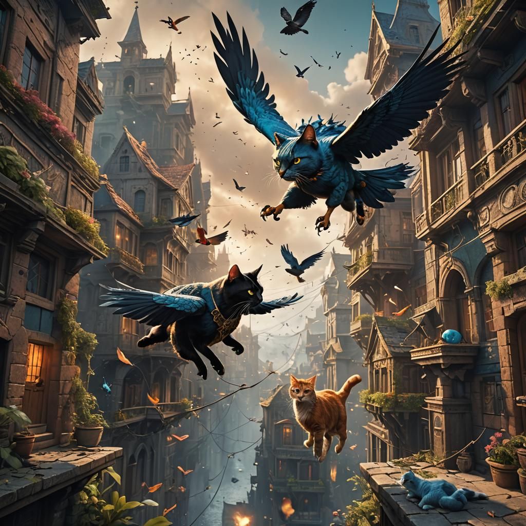Bird Attacks Cat in Detailed Matte Painting
