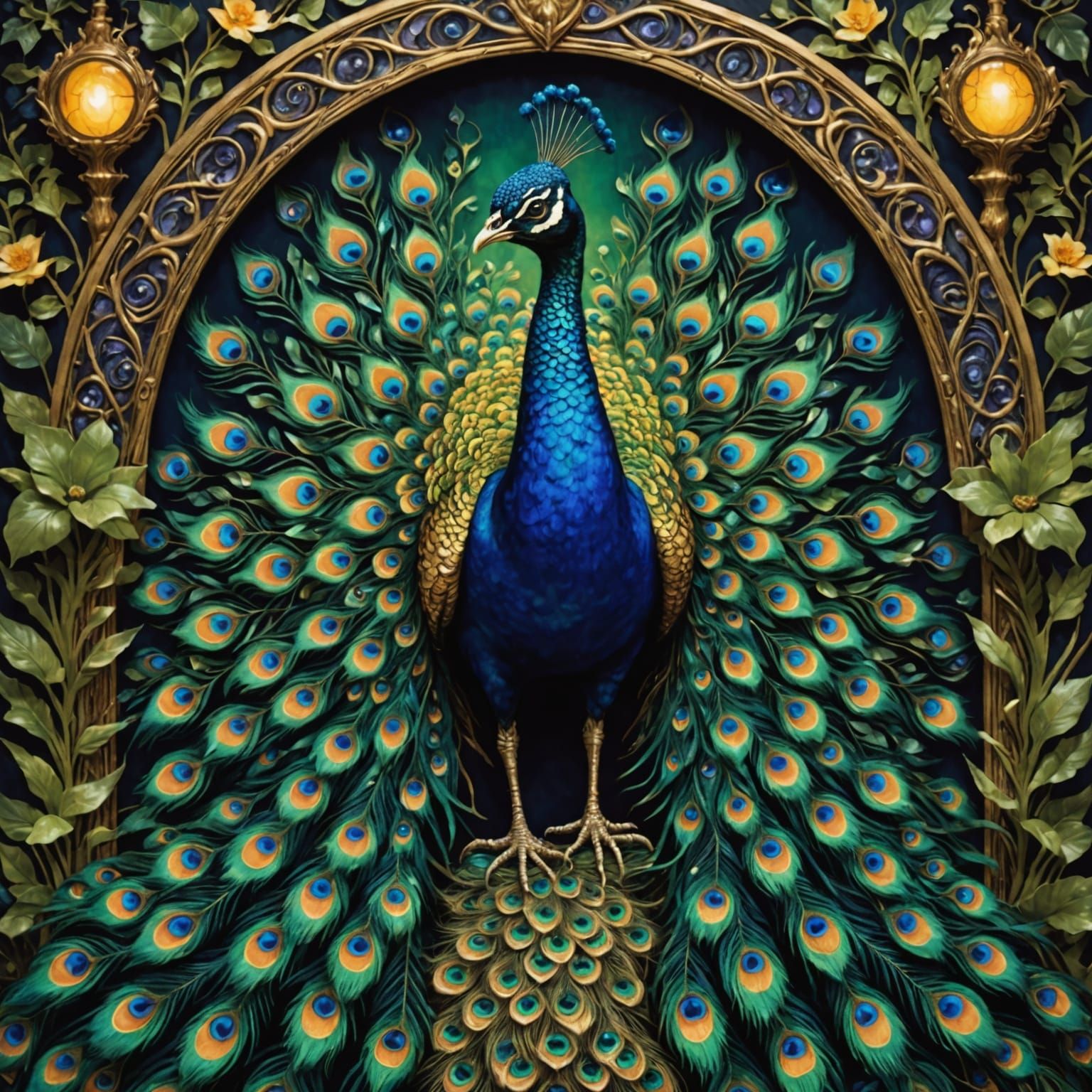 Dragon-Feathered Peacock in Enchanted Moonlit Garden