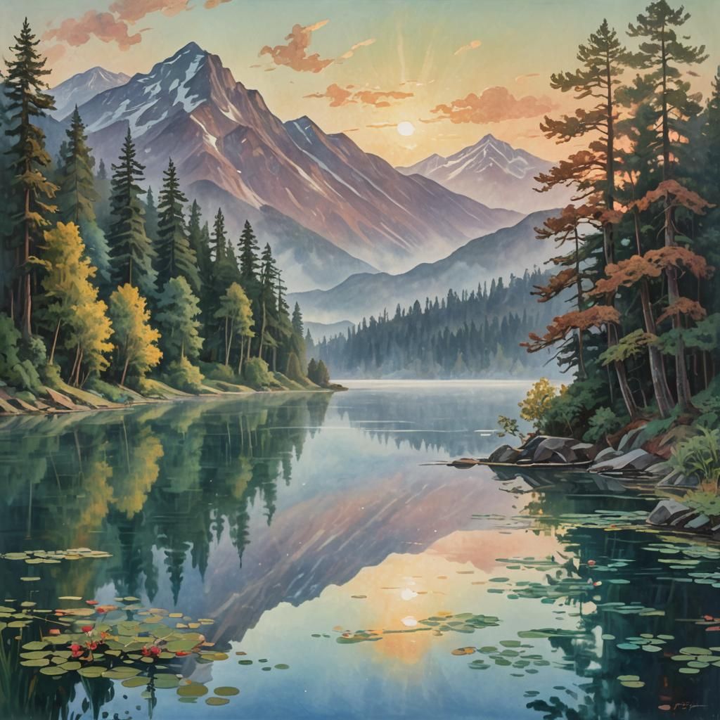 Mountain Lake at Dawn in Impressionist Style