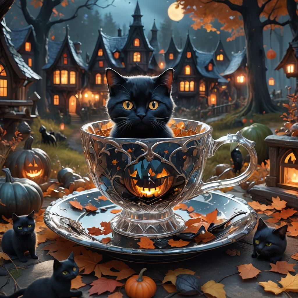 Halloween Village in Crystal Teacup: 3D Rendering