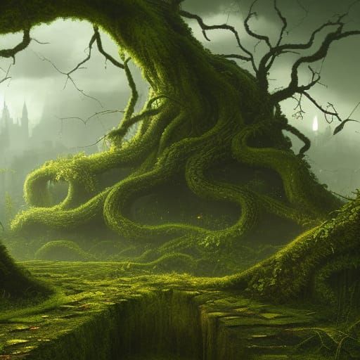 Overgrown City with Shadow Monster, Detailed Matte Painting