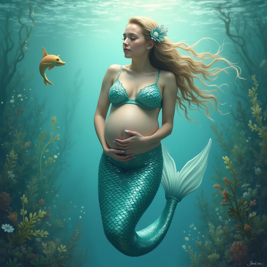 Pregnant Mermaid in Underwater Kingdom, Dreamy Art
