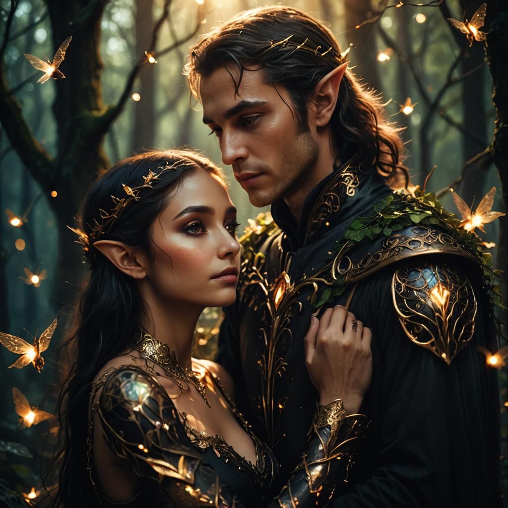 Enchanting Elf Couple Embrace in Dark Fantasy Portrait