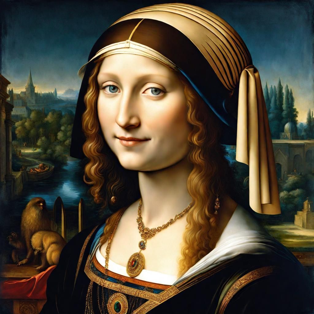 female beutieful Salvador Mundi by Leonardo da Vinci mysteriously smiling with jewelry, blonde and blue eyes, Rembrandt ...