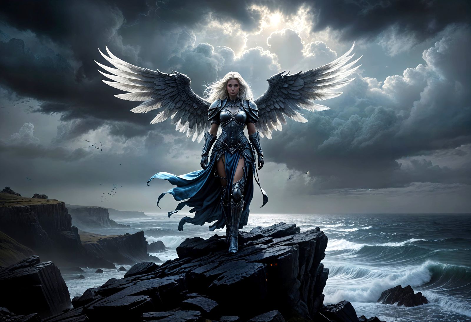 Ancient Angel on Cliff Edge Overlooking Stormy Sea