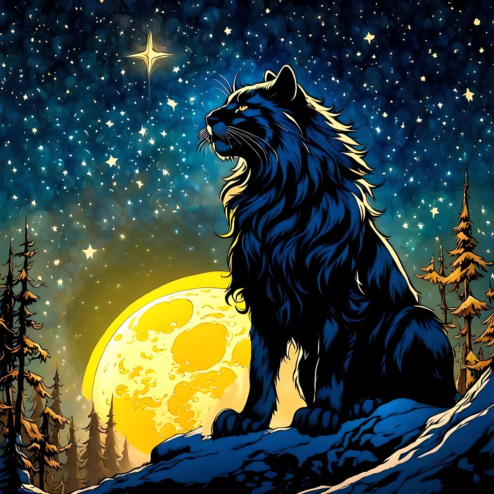 Huge yellow moon,  werect, stars in background, stars twinkl...