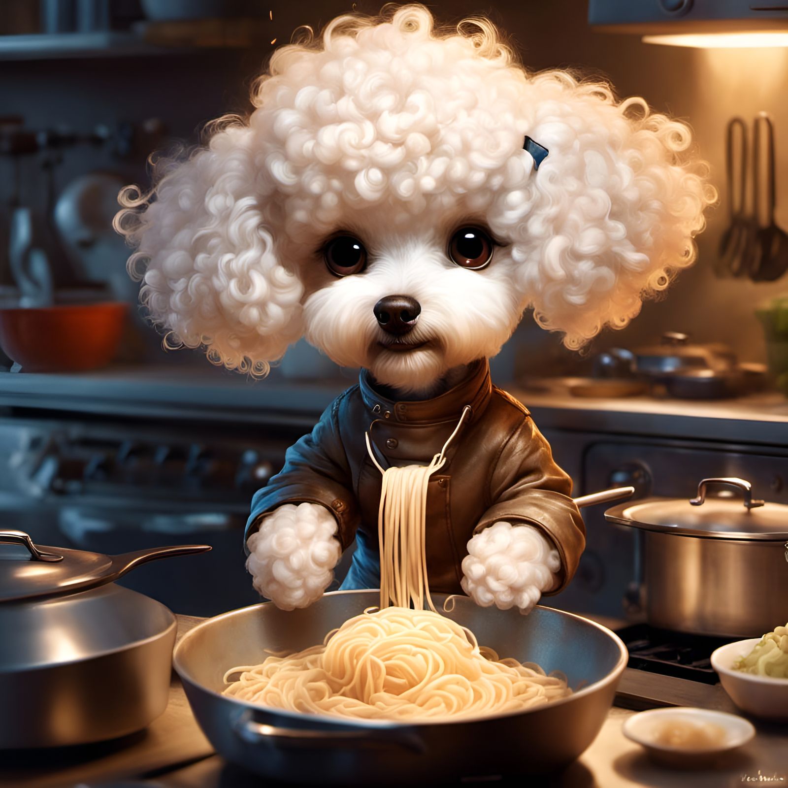 Anthropomorphic Poodle Cooking Noodles in 3D
