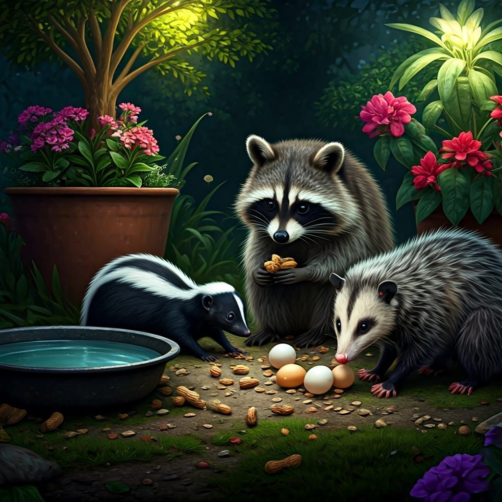Nocturnal Animals Feast in Fantastical Garden Painting
