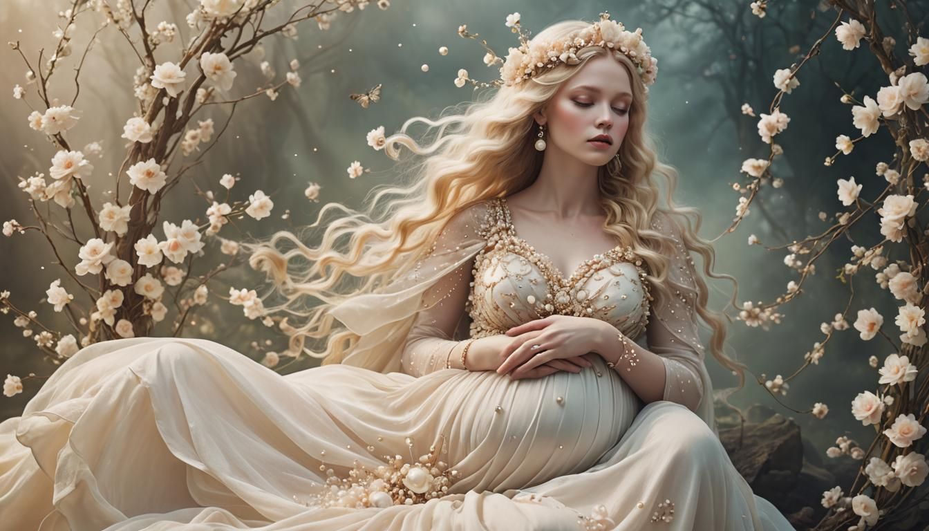 Ethereal Blonde Maternity Goddess with Pearls and Flowers