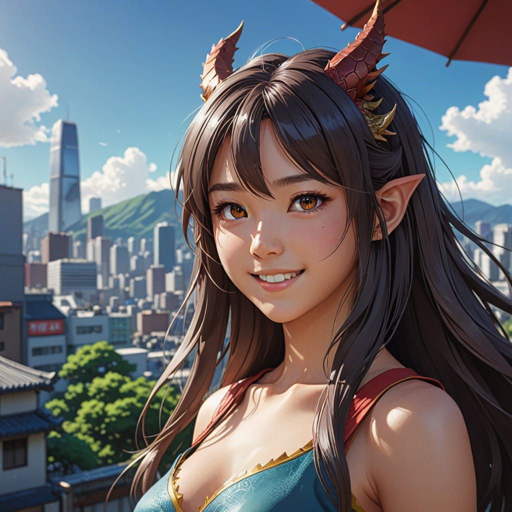 Korean American Dragoness Radiates Joy in Futuristic Citysca...