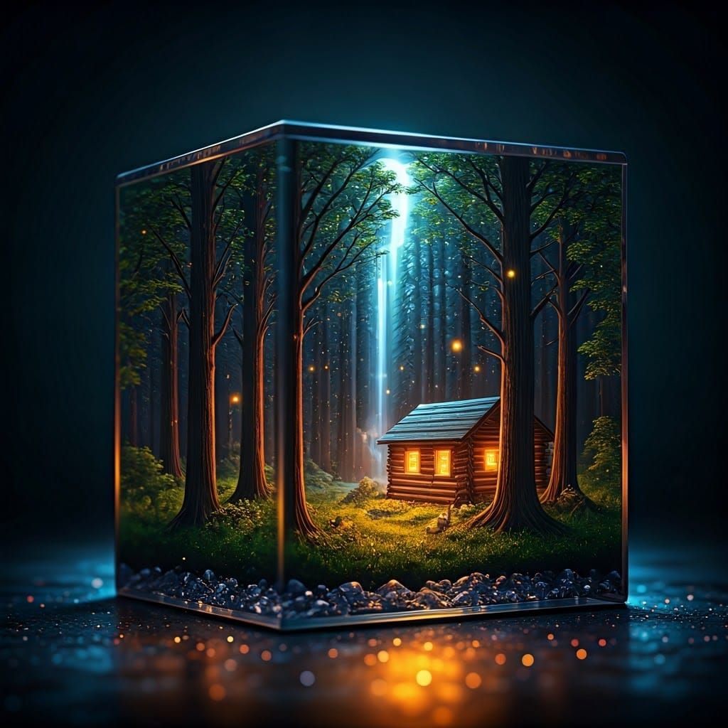 Crystal Cabin Scene in a Glittering Cube
