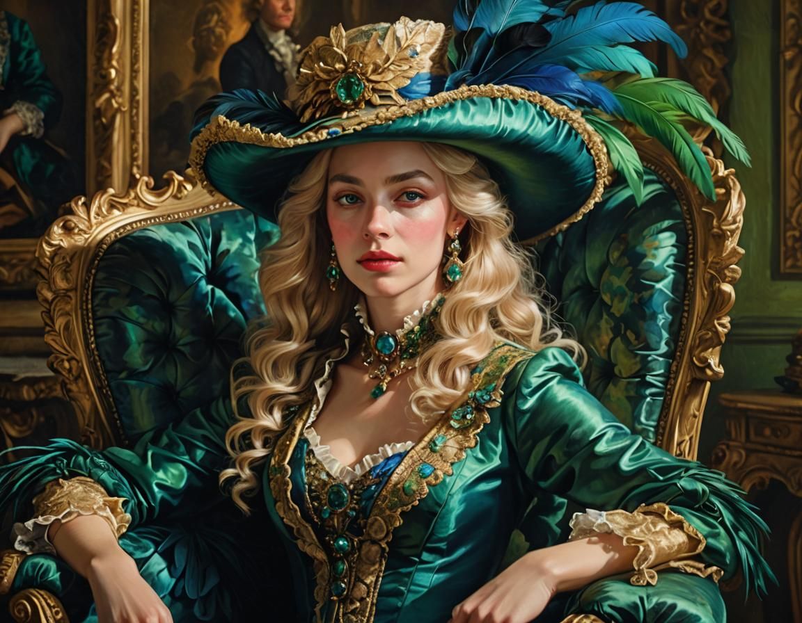Baroque Woman with Velvet Gown and Feathered Hat