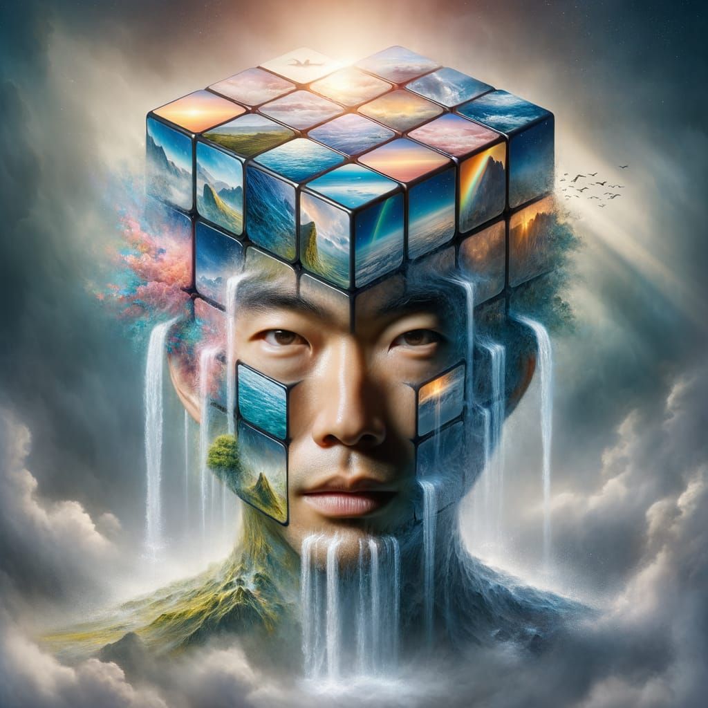 Rubik's Cube Head: Hyperrealistic Surreal Asian Man