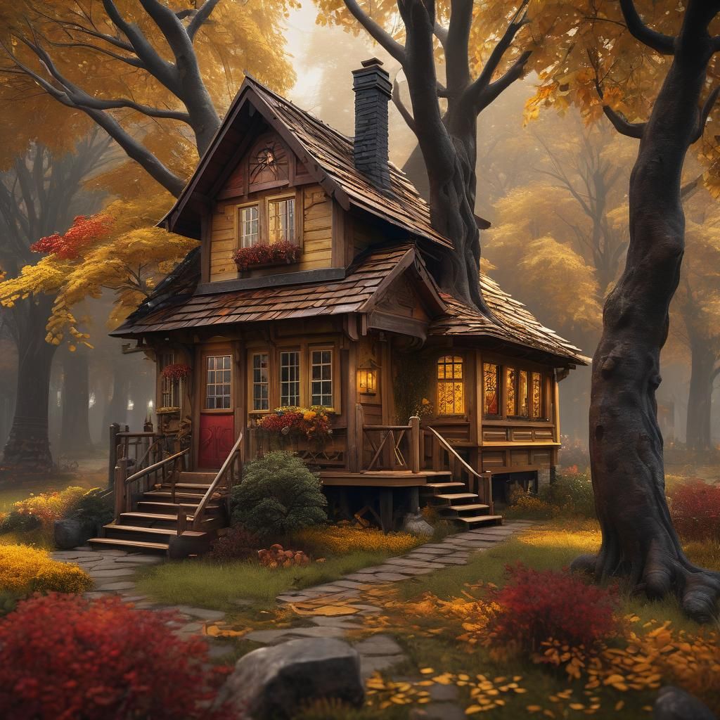 Autumnal Wooden House with Rowan Tree: Hyperrealistic Concep...